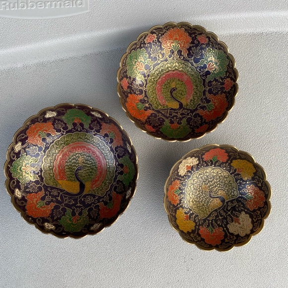 VTG Solid Brass Enameled Decorative Colorful Peacock Dish Trinket Bowls x3 - Picture 1 of 13